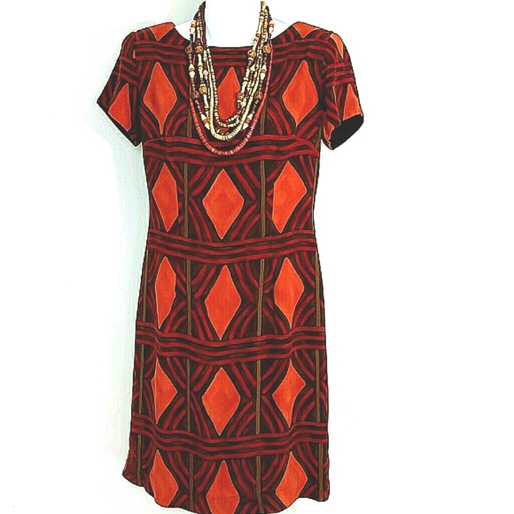Jeffrey & Dara Size 6 Midi Dress Southwestern Geometric Print Red Orange Brown B